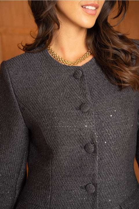 Sequined Tweed Jacket with A Round Neckline Made of Wool