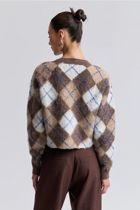 Brushed Argyle Jacquard Cropped Cardigan