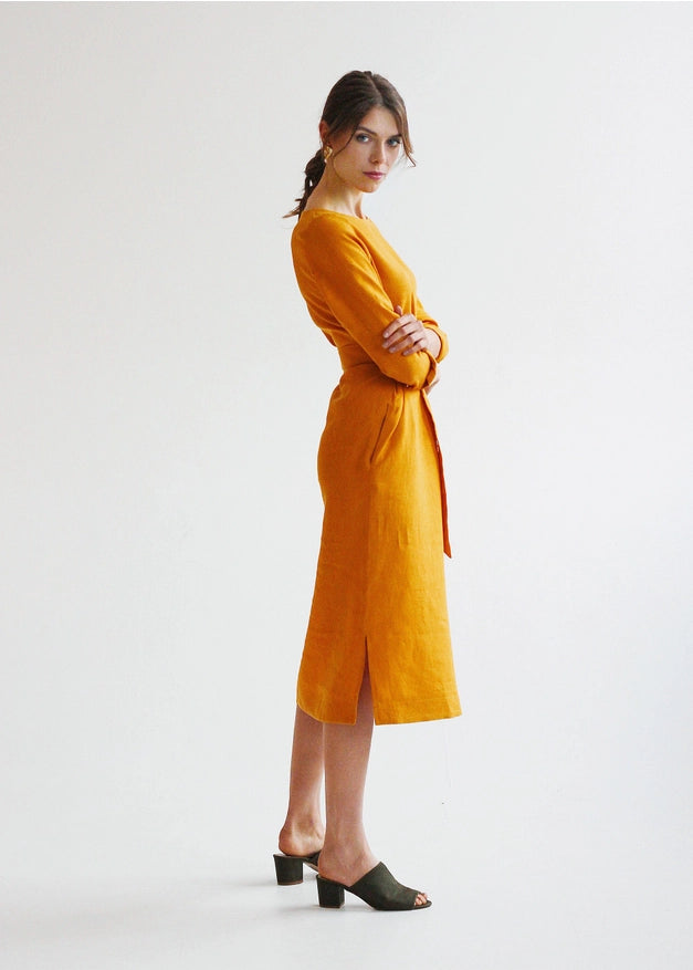 Mustard Yellow Linen Wrap Dress For Women Midi