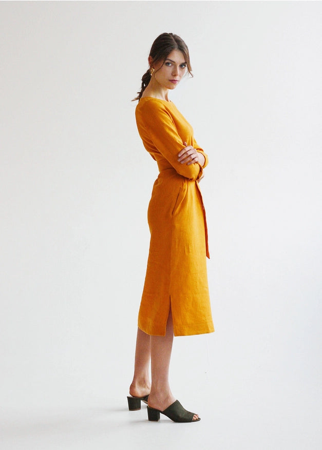 Mustard Yellow Linen Wrap Dress For Women Midi-Dress-Nich Linen-XXS-Urbanheer
