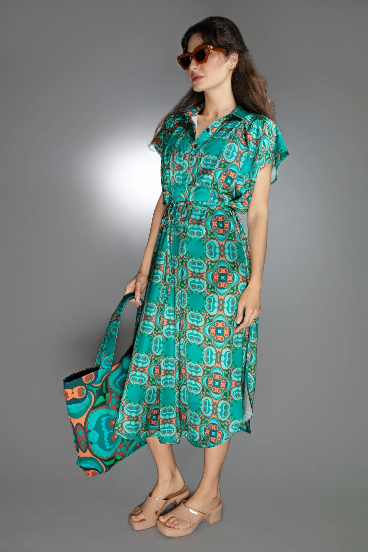 Teal/Orange Modern Relaxed Fit Satin Spread Collar Dress-Nuvula-XS-Urbanheer