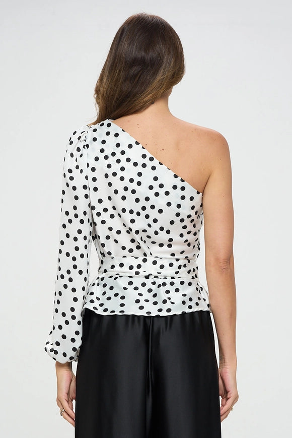Polka Dot One Shoulder Formal Top with Tie-Top-Renee C.-WHITE/BLACK-S-Urbanheer