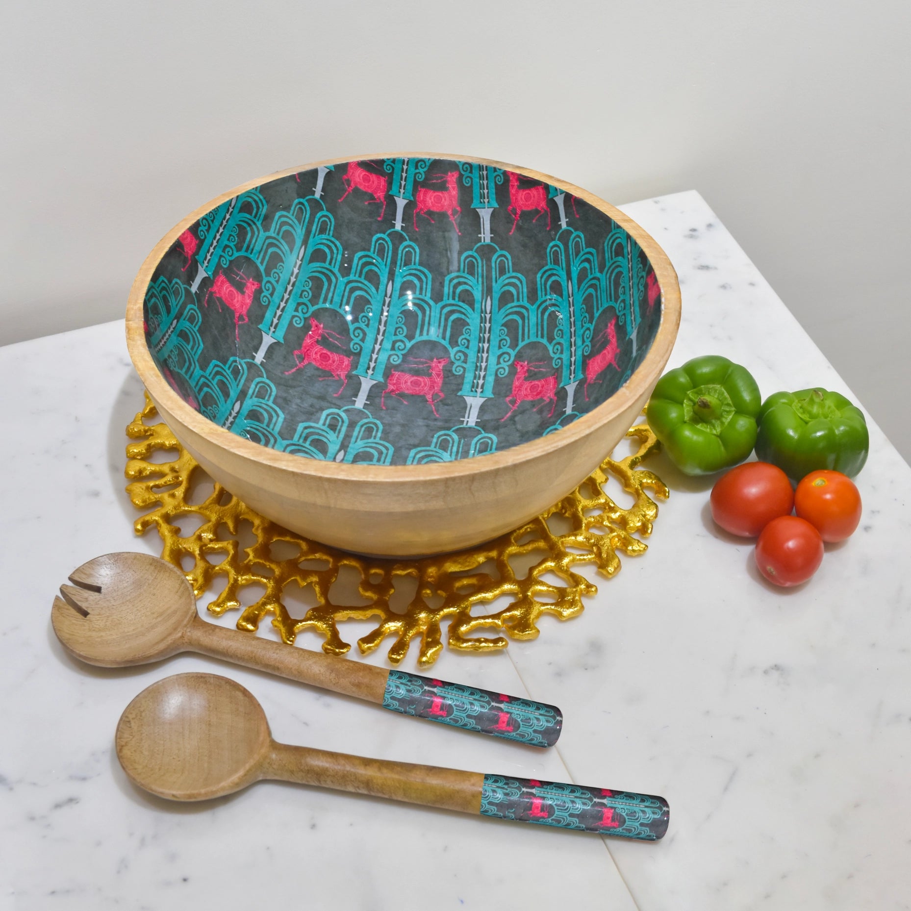 Deer Damask Salad Bowl With Salad Servers-Tiramisu-Urbanheer