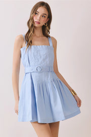 Pleated Bodice Square Neck Matching Belt Dress