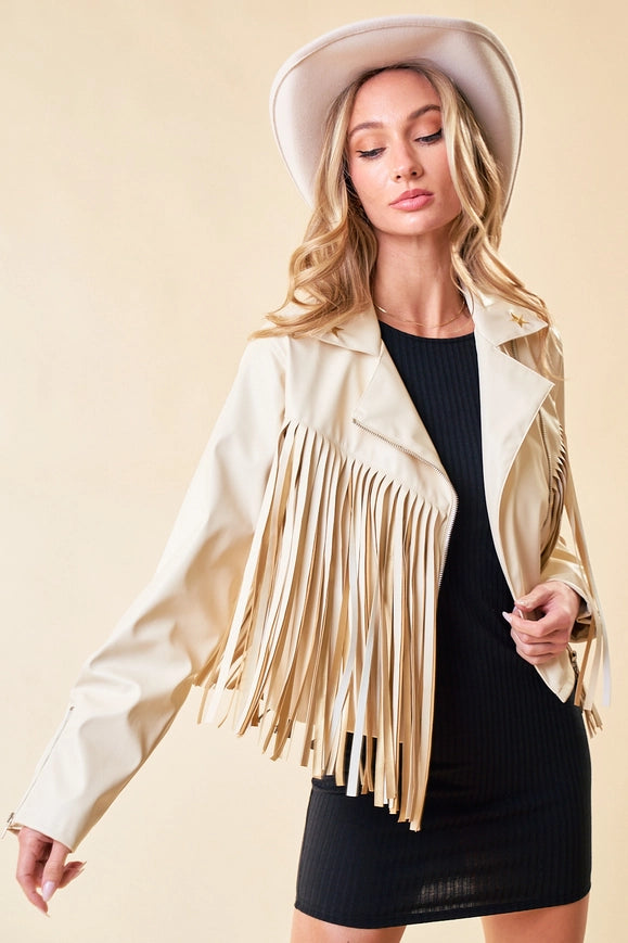 Cream Faux Leather Fringe Jacket with Gold Stars-Jacket-Saints & Hearts-S-Urbanheer