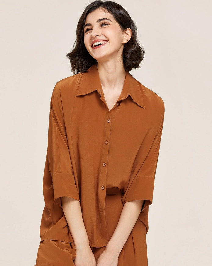 Weekend Oversize Silk Co-Ord Set Maple Syrup-Sets-MommeSilk-XS-Urbanheer