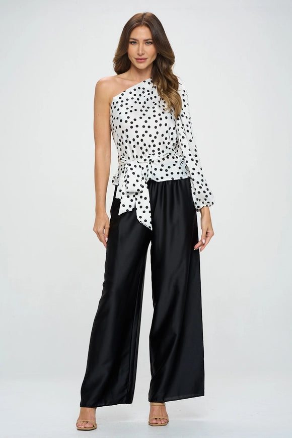 Polka Dot One Shoulder Formal Top with Tie-Top-Renee C.-WHITE/BLACK-S-Urbanheer