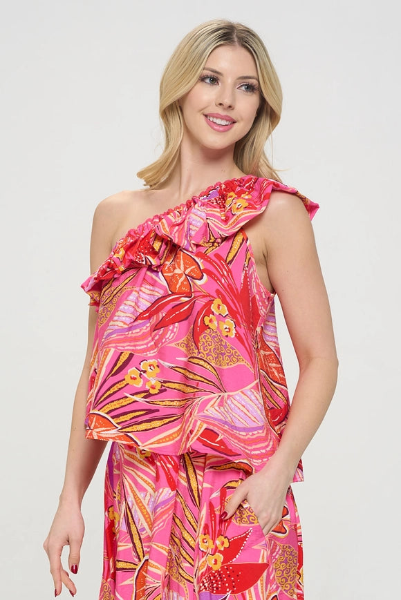 Tropical Leaf Print One Shoulder Top with Ruffle-TOP-Renee C.-S-Urbanheer