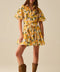 Romantic Dress with Waistband and Lemon Print and Short Sleeves