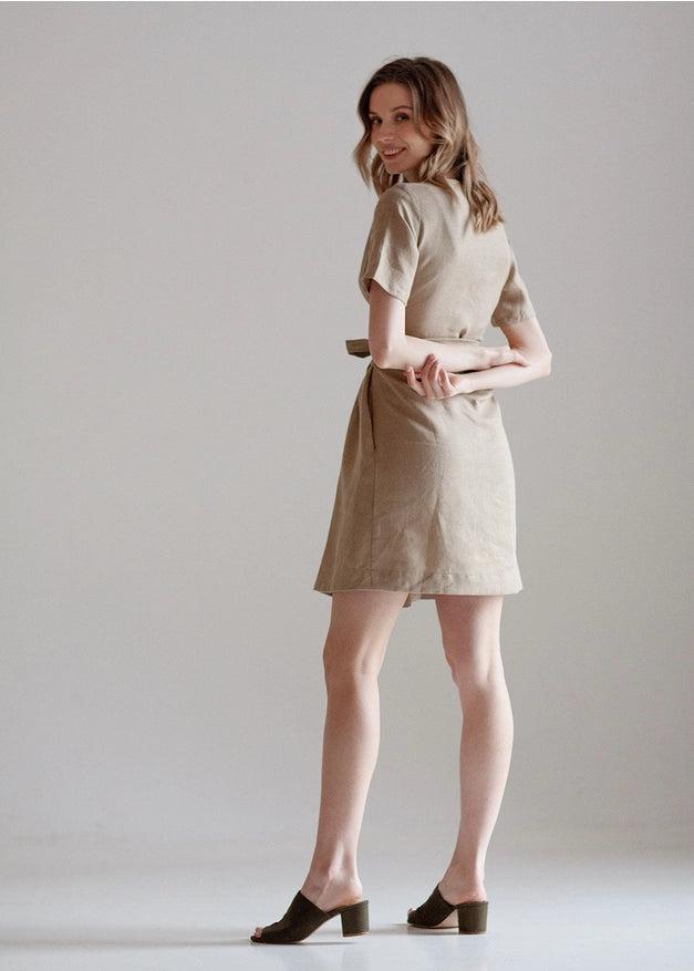 Beige Tie Belt Wrap Linen Bridesmaid Dress For Woman Mini-Dress-Nich Linen-XXS-Urbanheer