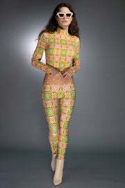 Turtleneck Long Sleeve 60'S Pastel Pink Retro Print Bodysuit-Nuvula-S-Urbanheer