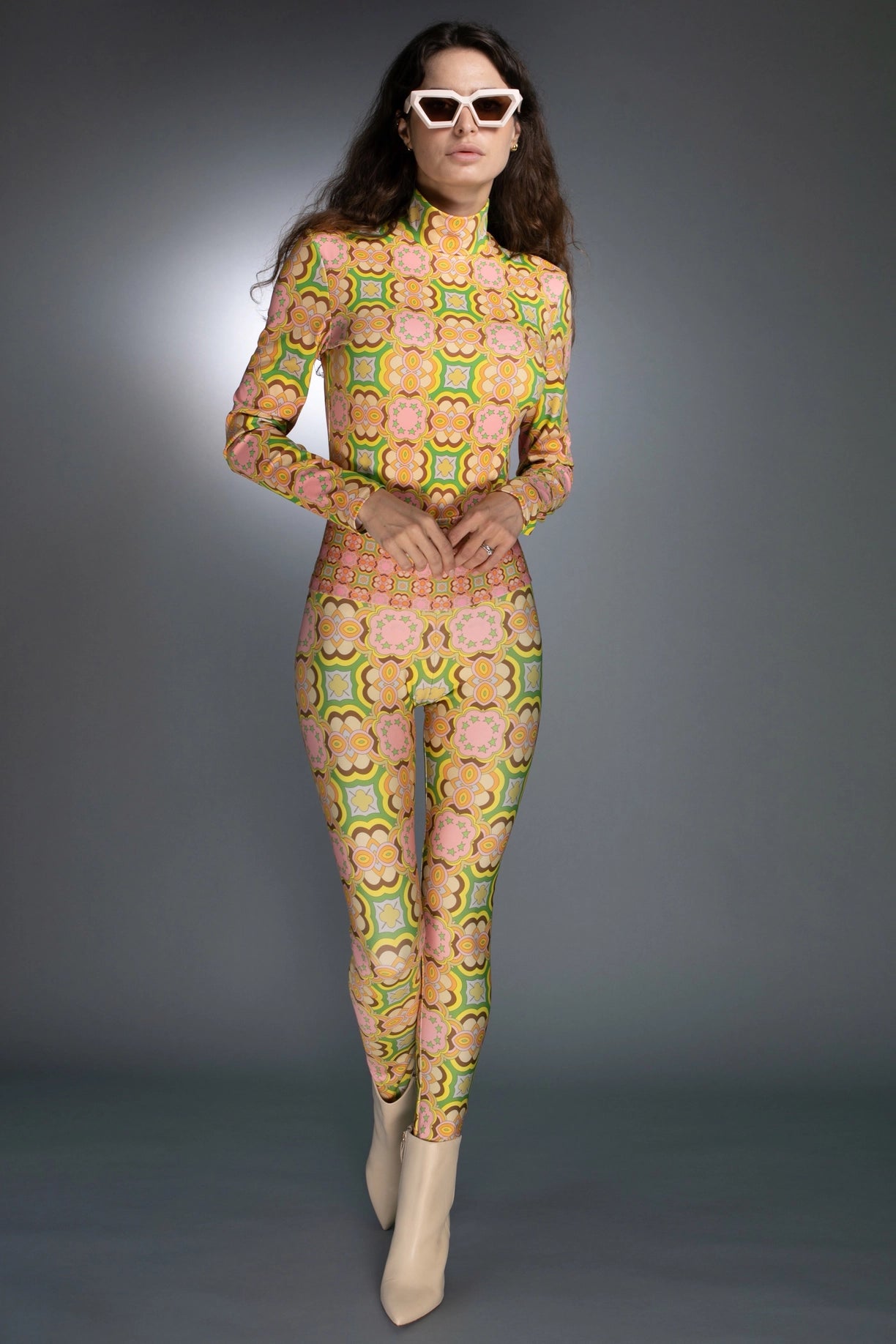 Turtleneck Long Sleeve 60'S Pastel Pink Retro Print Bodysuit-Nuvula-S-Urbanheer