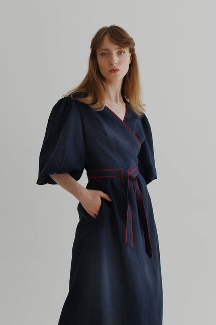"Diana" Navy Blue Linen Dress-Dress-Nich Linen-Urbanheer