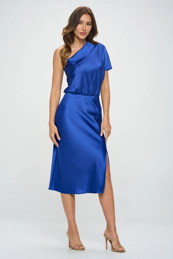 Made in USA Stretch Satin One Shoulder Dress ROYAL BLUE-Dresses-Renee C.-Urbanheer