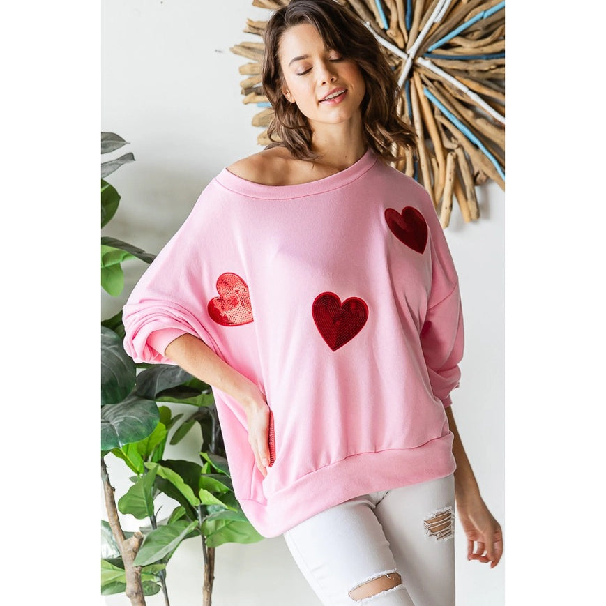 Sequined Heart Patch Sweatshirt-Sweatshirt-Peace Love Line-S-H GREY/PINK HEARTS-Urbanheer