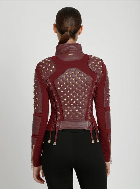 Pyramid Stud Mesh Genuine Leather Moto Jacket - Oxblood Red