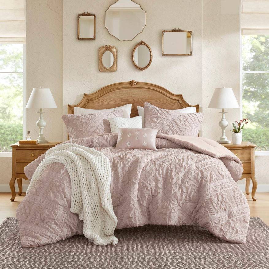 5pc Sculpted Floral Geometric Jacquard Comforter Set, Pink