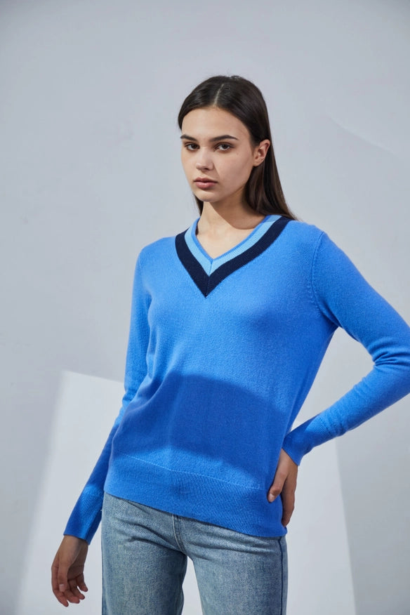 Contrasting V-Neck Cashmere Sweater-Sweater-Pissenlit-Azure-S-Urbanheer