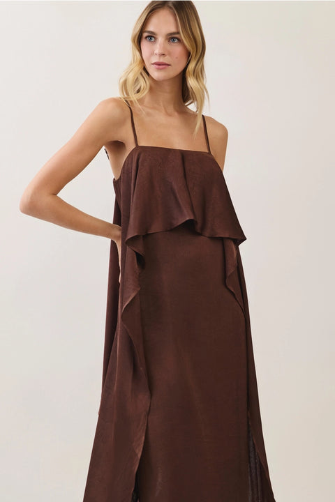 Satin Ruffle Overlay Maxi Dress