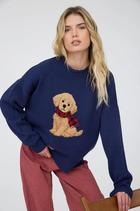 Intarsia Puppy Crew Neck Relaxed Sweater