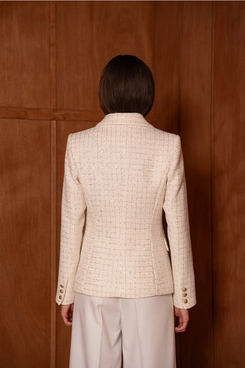 Fitted Double-Breasted Tweed Blazer with Subtle Threads