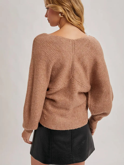 Crossover Ribbed Pullover Sweater