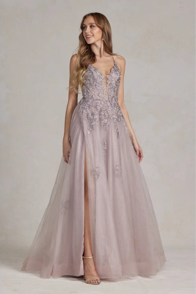 Embroidered Plunging V-Neck Prom Gown-Clothing - Women-Nox Anabel-Urbanheer