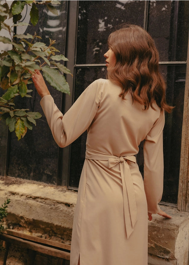 Wrap Linen Belted Beige Bridesmaid Dress For Women Midi-Dress-Nich Linen-XXS-Urbanheer