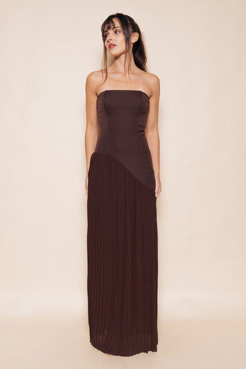 Strapless Asymmetric Pleat Skirt Maxi Dress
