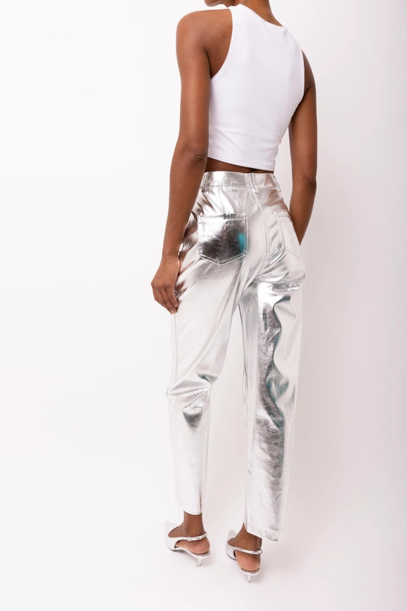 Lupe Straight Faux Leather Metallic Pants Silver-Pants-Amy Lynn-S-Urbanheer