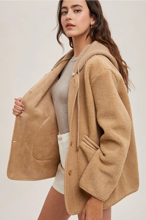 Fleece Hooded Button Down Jacket Inner Faux Suede