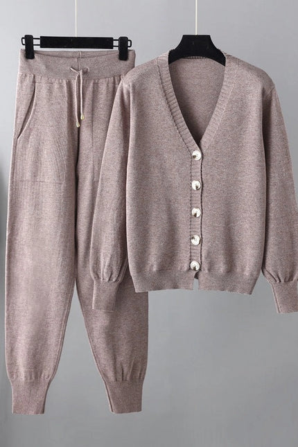 Autumn Winter V Neck Cardigan Sweater Harem Pants Suit Two Piece Sweater-Suits-Blak Wardrob-One Size-Flower Coffee-Urbanheer