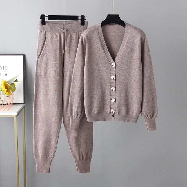 Autumn Winter V Neck Cardigan Sweater Harem Pants Suit Two Piece Sweater-Suits-Blak Wardrob-One Size-Flower Coffee-Urbanheer