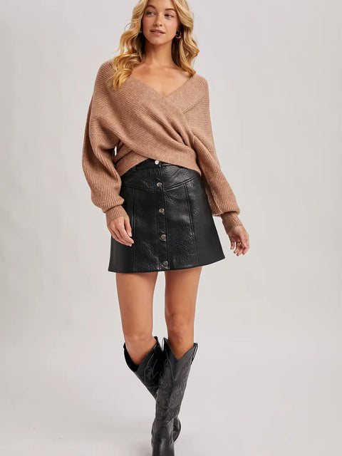 Crossover Ribbed Pullover Sweater