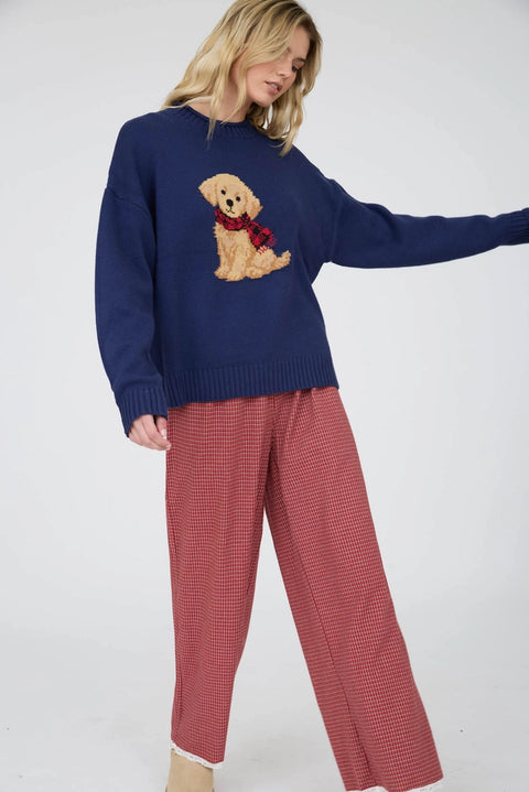 Intarsia Puppy Crew Neck Relaxed Sweater