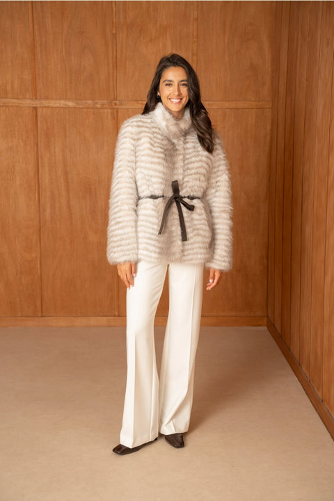 Mid-Length Belted Beige Tiger-Striped Faux Fur Jacket