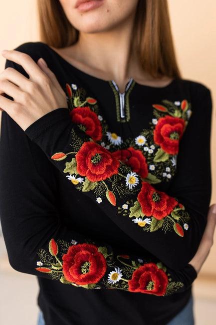 Embroidered Sweater Crimson Poppies Black-Clothing - Women-Handmade Originals Ukraine-S-Urbanheer