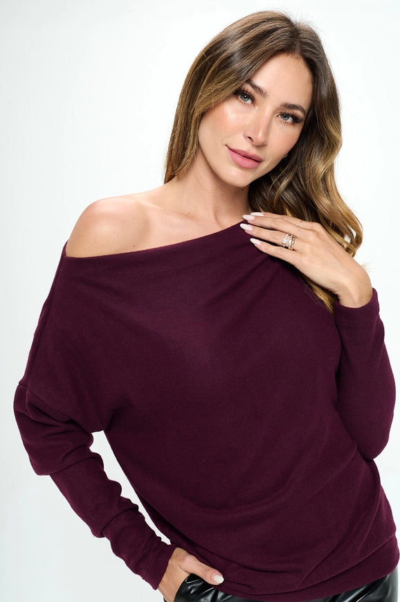 Made in USA Plum Brushed Knit Off the Shoulder Top