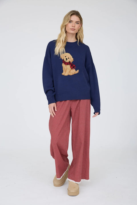 Intarsia Puppy Crew Neck Relaxed Sweater