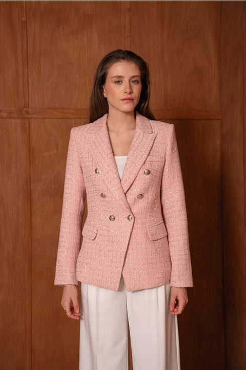Fitted Double-Breasted Tweed Blazer with Subtle Threads