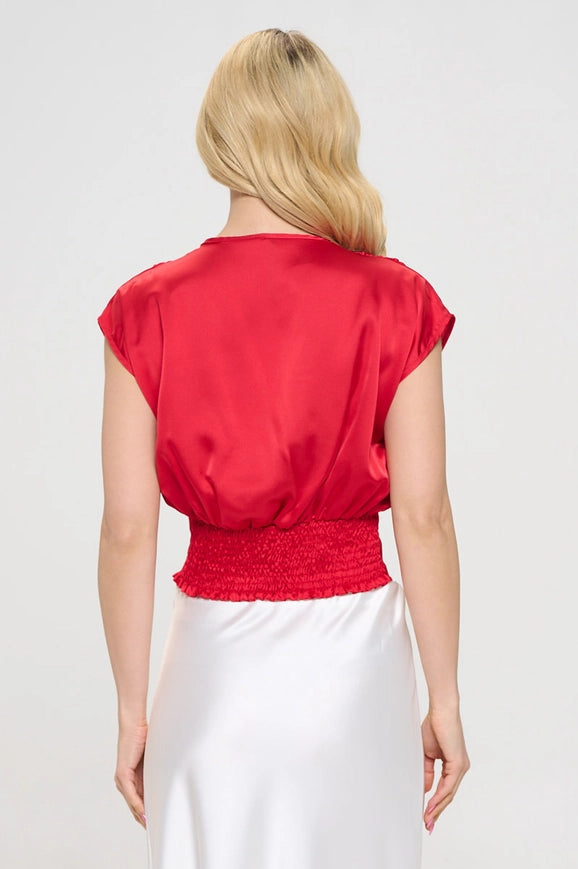 Solid Satin V Neck Crop Top W Smock Back Detail Red-TOP-Renee C.-S-Urbanheer