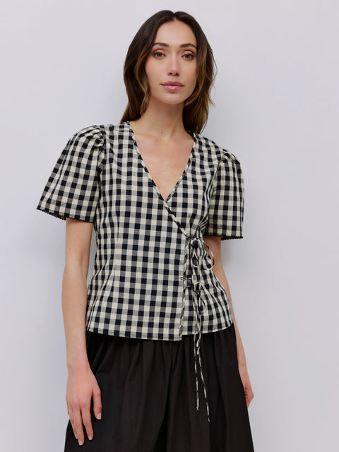 The Bridget Top Gingham Tie Front Blouse - Black