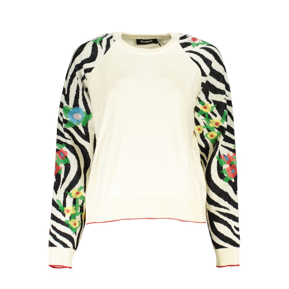 Desigual Elegant White Crew Neck Sweater with Contrast Details-Desigual-XL-Urbanheer