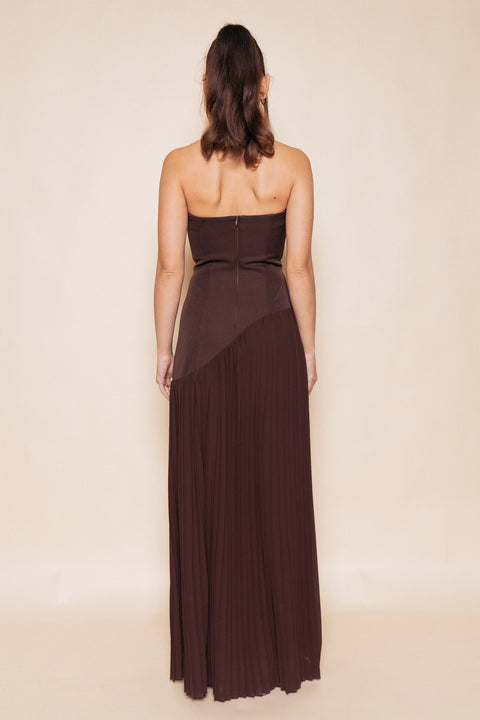 Strapless Asymmetric Pleat Skirt Maxi Dress