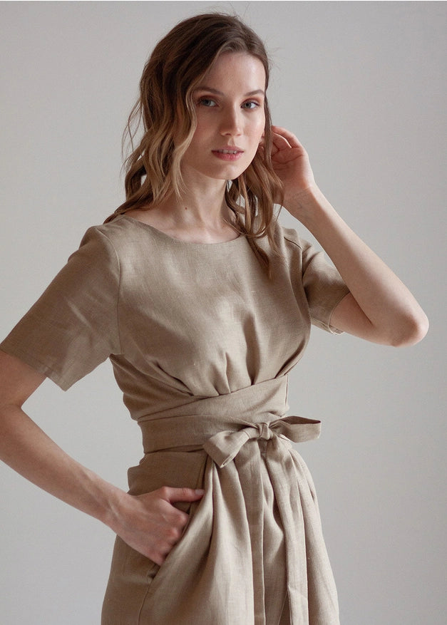 Beige Tie Belt Wrap Linen Bridesmaid Dress For Woman Mini-Dress-Nich Linen-XXS-Urbanheer