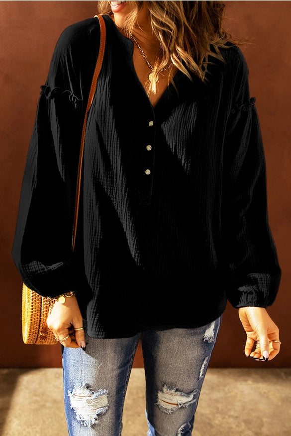 Balloon Sleeve Frill Trim Notched Neck Blouse-BLOUSE-Blak Wardrob-S-Urbanheer