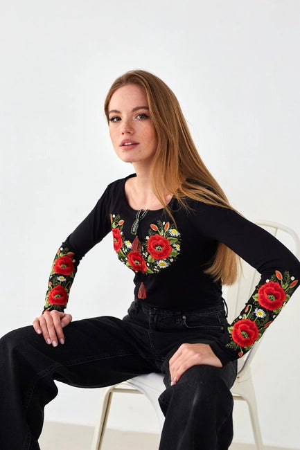 Embroidered Sweater Crimson Poppies Black-Clothing - Women-Handmade Originals Ukraine-S-Urbanheer