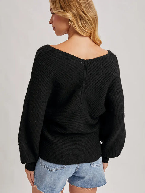 Crossover Ribbed Pullover Sweater