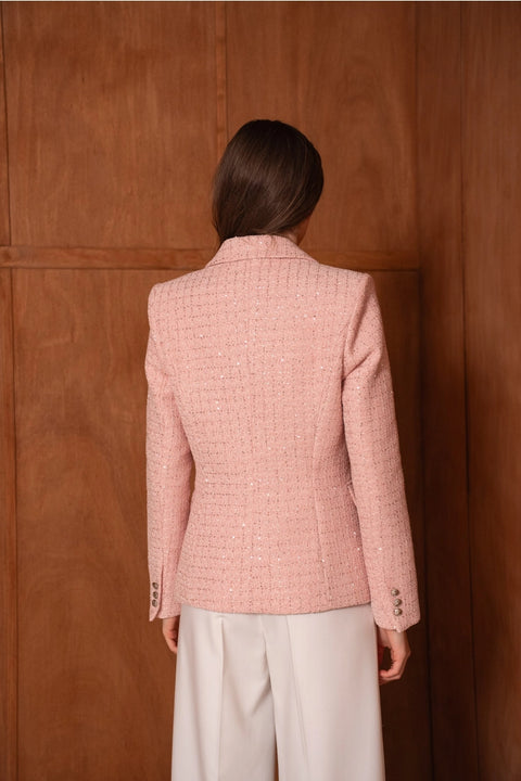 Fitted Double-Breasted Tweed Blazer with Subtle Threads