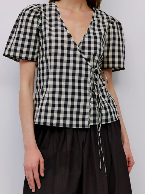 The Bridget Top Gingham Tie Front Blouse - Black